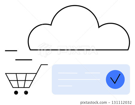 Shopping cart moving toward cloud, blue checkmark on document. Ideal for e-commerce, cloud services, online security, digital transactions, data storage, tech innovation retail. Line metaphor Shopping cart moving toward cloud, blue checkmark on document. Ideal for e-commerce, cloud services, online security, digital transactions, data storage, tech innovation retail. Line metaphor 131112032