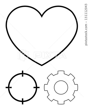 Heart shape, target, and gear icon. Ideal for love, relationships, goals precision engineering technology and productivity. Line metaphor. Line metaphor. Simple line icons 131112043