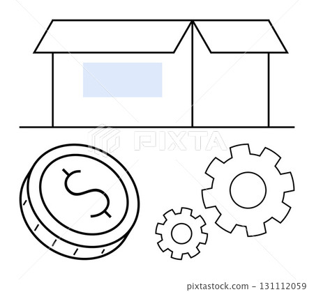 Simplified graphic of a box, a coin with a dollar sign, and three gears of different sizes. Ideal for business strategy, financial planning, economic development, logistics, manufacturing process Simplified graphic of a box, a coin with a dollar sign, and three gears of different sizes. Ideal for business strategy, financial planning, economic development, logistics, manufacturing process 131112059