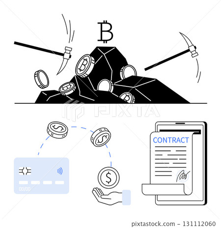 Cryptocurrency coins extracted with pickaxes from mountain. Digital payment via credit card. Hand receiving money and signing contract on tablet. Ideal for finance, fintech, blockchain, crypto 131112060