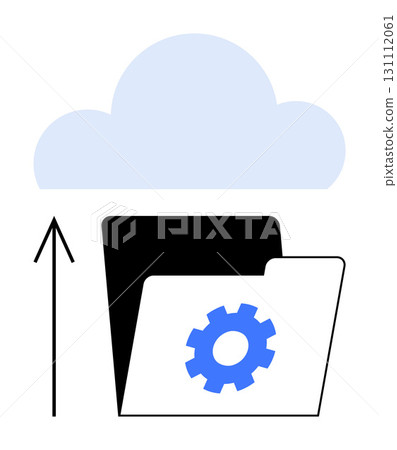 Folder with settings gear icon and upward arrow pointing to cloud. Ideal for cloud storage, data management, backups, file organization, cloud technology, cybersecurity, digital transformation. Line Folder with settings gear icon and upward arrow pointing to cloud. Ideal for cloud storage, data management, backups, file organization, cloud technology, cybersecurity, digital transformation. Line 131112061