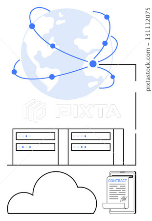 Globe linked with dots, data servers, cloud symbol, mobile device displaying contract. Ideal for technology, global networking, cloud storage, data security, online contracts digital transformation 131112075