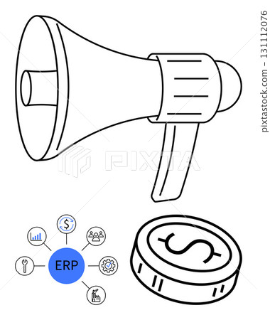 Loudspeaker alongside a currency coin with ERP system icons including tools, users, analytics, and setting gears. Ideal for business strategy, marketing, financial planning, ERP systems, team 131112076