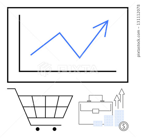 Business growth chart with upward line, shopping cart, briefcase, rising arrow, money symbol. Ideal for business, investment, marketing e-commerce economic analysis startup strategy. Line metaphor Business growth chart with upward line, shopping cart, briefcase, rising arrow, money symbol. Ideal for business, investment, marketing e-commerce economic analysis startup strategy. Line metaphor 131112078
