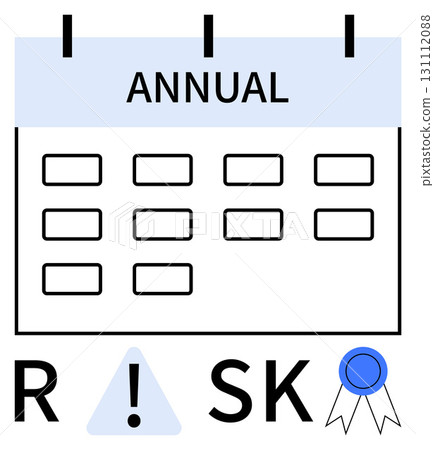 Annual calendar with empty date slots, the word Risk highlighted with an exclamation mark, and a blue achievement badge. Ideal for scheduling, project planning, risk assessment, time management, goal Annual calendar with empty date slots, the word Risk highlighted with an exclamation mark, and a blue achievement badge. Ideal for scheduling, project planning, risk assessment, time management, goal 131112088