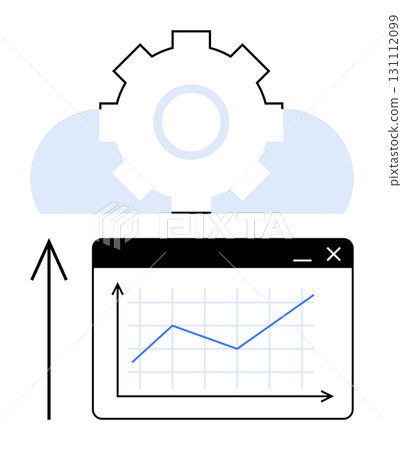 Gear icon over cloud shape with upward arrow and progress chart. Ideal for cloud computing, business growth, data analysis, technology optimization, efficiency, performance tracking, IT solutions Gear icon over cloud shape with upward arrow and progress chart. Ideal for cloud computing, business growth, data analysis, technology optimization, efficiency, performance tracking, IT solutions 131112099
