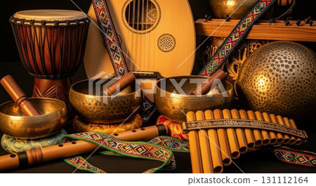 Traditional Musical Instruments Collection with Singing Bowls and Ethnic Drums Traditional Musical Instruments Collection with Singing Bowls and Ethnic Drums 131112164
