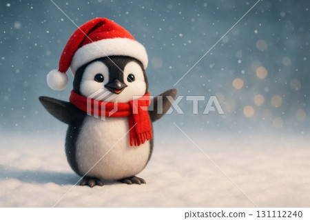 A cute realistic penguin wearing a Santa hat and a red scarf and spreading its wings A cute realistic penguin wearing a Santa hat and a red scarf and spreading its wings 131112240
