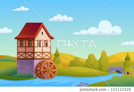 Water mill illustration. Wooden stone house in valley with river and bridge. Wood ring for hydropower of water for grind flour, sapid vector landscape Water mill illustration. Wooden stone house in valley with river and bridge. Wood ring for hydropower of water for grind flour, sapid vector landscape 131112320