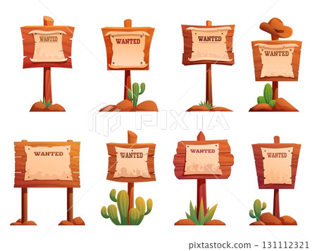 Wooden wanted cartoon billboards. Wild west style sigs for ad, wood banners with empty paper and text wanted, cactus, cowboy hat, sapid vector set 131112321