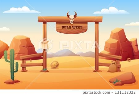 Wild west wooden gates in desert. Western landscape with mountains and rocks, tumbleweed, cactus. Sandstone canyon, game sapid vector location 131112322