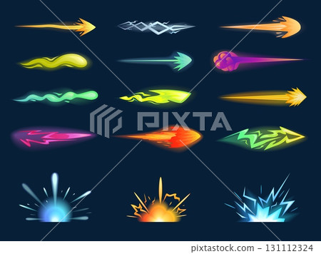 Cartoon bright shooting effects. Futuristic guns laser shoot effect, colorful explosion, flames, attack elements. Power plasma flow, sapid vector set Cartoon bright shooting effects. Futuristic guns laser shoot effect, colorful explosion, flames, attack elements. Power plasma flow, sapid vector set 131112324