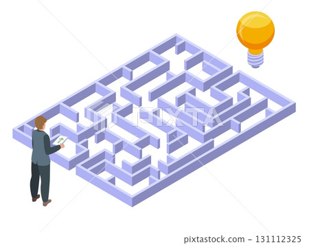 Isometric business maze. Office characters search ideas. 3d labyrinth, giant yellow lamp bulb. Businessman student looking solution, nifty vector concept 131112325