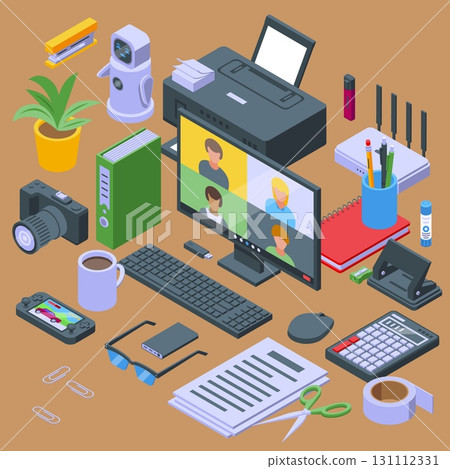 Isometric home workplace. Video conference on monitor screen, freelance work space. Office equipment, notebook, papers, stationery, nifty vector scene 131112331