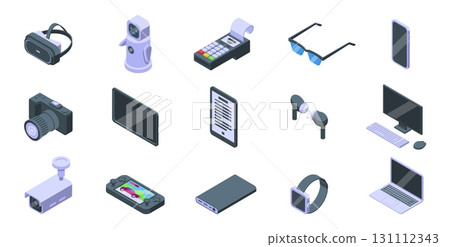 Isometric electronic gadgets. Ebook tablet laptop smartphone cvr camera smart watch. Cute 3d android robot. Technology devices, nifty vector set Isometric electronic gadgets. Ebook tablet laptop smartphone cvr camera smart watch. Cute 3d android robot. Technology devices, nifty vector set 131112343