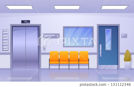 Cartoon hospital empty corridor. Clinic interior inside with bench, elevator and ward doors. Emergency, medical building waiting zone, sapid vector scene Cartoon hospital empty corridor. Clinic interior inside with bench, elevator and ward doors. Emergency, medical building waiting zone, sapid vector scene 131112346