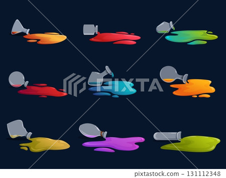 Spilled potion. Different glass bottles in toxic puddles. Witch magic equipment, poison or dangerous liquid neon colors. Spilling elements sapid vector set 131112348