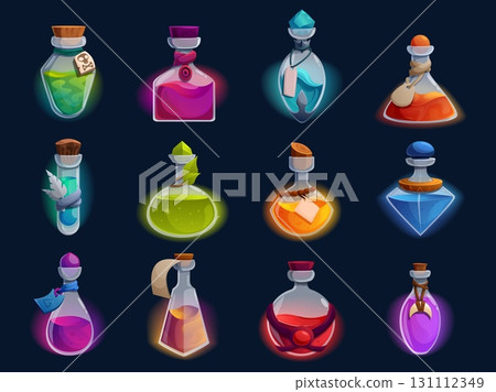Cartoon game poison bottles. Various glass vials with witch decor and poisonous liquids. Magic potions, old style perfumes design, sapid vector clipart Cartoon game poison bottles. Various glass vials with witch decor and poisonous liquids. Magic potions, old style perfumes design, sapid vector clipart 131112349
