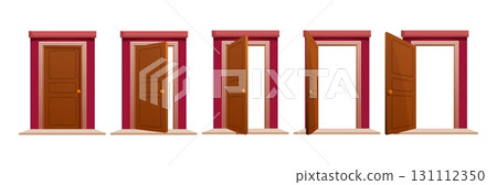 Wooden doors open or close scene. Exit entrance in house or apartment, animation steps. Building facade outdoor elements, sapid vector set 131112350