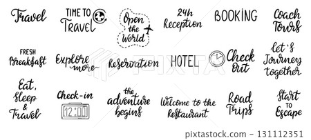 Travel lettering phrases. Hotel booking and reservation, check in up, positive motivation text for stickers, cards. Hand drawn neoteric vector clipart Travel lettering phrases. Hotel booking and reservation, check in up, positive motivation text for stickers, cards. Hand drawn neoteric vector clipart 131112351