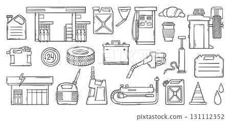 Doodle filling station. Refueling cars with gas, petrol and diesel. Electric station for electric car. Canisters snacks battery, auto service tools, neoteric vector set Doodle filling station. Refueling cars with gas, petrol and diesel. Electric station for electric car. Canisters snacks battery, auto service tools, neoteric vector set 131112352