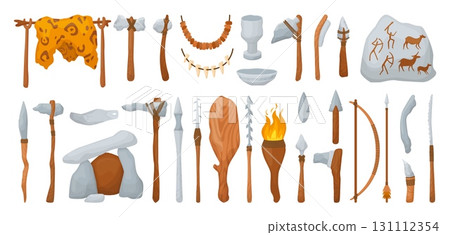 Primitive hunting and life tools. Wooden and stones weapons, stone age style elements. Axe club, bow and arrow, hammer, prehistoric neoteric vector set 131112354