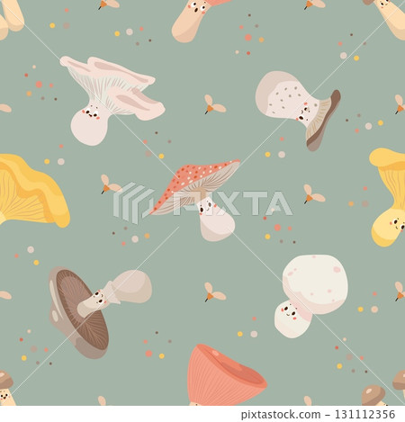Mushroom characters seamless pattern. Decorative mushrooms funny print for fabric or wallpaper. Forest wild plants, template design nowaday vector background Mushroom characters seamless pattern. Decorative mushrooms funny print for fabric or wallpaper. Forest wild plants, template design nowaday vector background 131112356