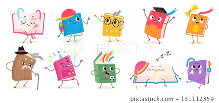 Funny books characters. Book various emotions and poses, isolated cute champion, student, crying character. Education, library nowaday vector clipart 131112359