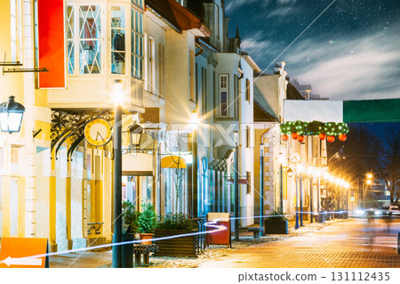 Parnu, Estonia. Night View Of Famous Ruutli Street With Old Buildings, Restaurants, Cafe, Hotels And Shops In Festive Evening Night Christmas Xmas New Year Illuminations 131112435
