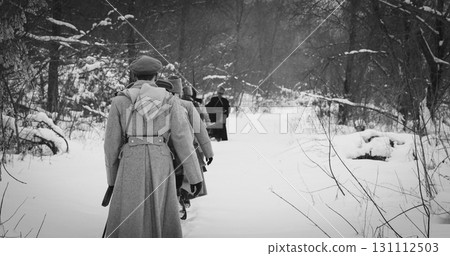 Army on Marching. Men Dressed As White Guard Soldiers Of Imperia 131112503