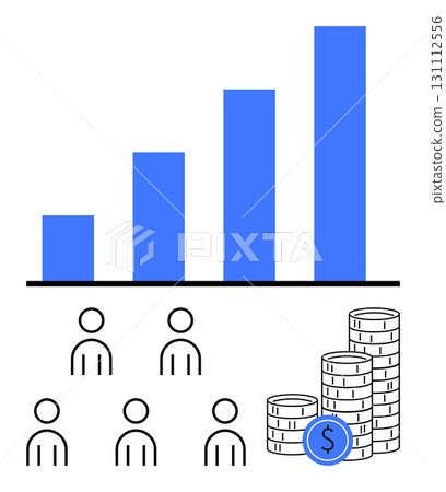 Bar chart, six simplified human figures, stacks of coins with a dollar sign in blue. Ideal for business strategy, financial growth, teamwork, economics, corporate planning, financial analysis Bar chart, six simplified human figures, stacks of coins with a dollar sign in blue. Ideal for business strategy, financial growth, teamwork, economics, corporate planning, financial analysis 131112556