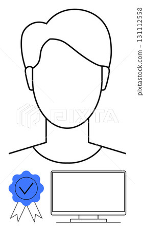 Persons profile silhouette above a blue achievement ribbon with checkmark and a computer monitor. Ideal for certification, recognition, achievement, education, qualifications, professional Persons profile silhouette above a blue achievement ribbon with checkmark and a computer monitor. Ideal for certification, recognition, achievement, education, qualifications, professional 131112558