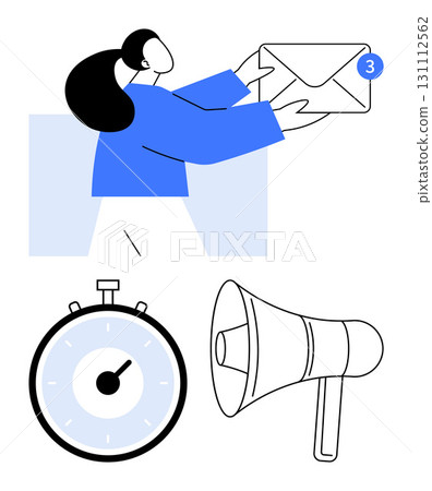 Woman holding envelope with notification alert stopwatch, and megaphone. Ideal for themes communication, email management, time management, business workflow, notifications, urgency, announcements Woman holding envelope with notification alert stopwatch, and megaphone. Ideal for themes communication, email management, time management, business workflow, notifications, urgency, announcements 131112562