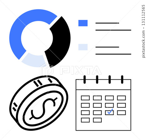 Pie chart, lines representing data, dollar coin, and calendar with checkmark. Ideal for budgeting, financial analysis, deadlines, time management savings investments business planning. Line 131112565