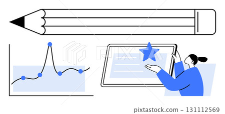Pencil graph figure with tablet capture art data analysis digital interaction. Ideal for creativity, education, technology, analytics, design, innovation, workspace. Line metaphor 131112569
