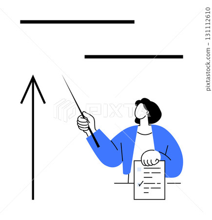 Person in blue jacket holding a clipboard and pointing at a chart with a pointer stick. Ideal for presentations, data analysis, teaching, training, business meetings, planning, strategy sessions Person in blue jacket holding a clipboard and pointing at a chart with a pointer stick. Ideal for presentations, data analysis, teaching, training, business meetings, planning, strategy sessions 131112610
