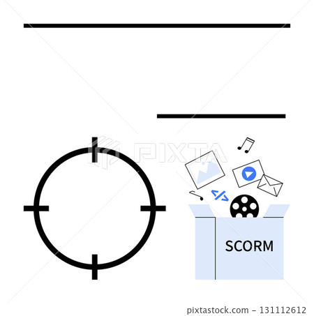 Target symbol next to SCORM-labeled box containing multimedia icons thumbs up photos, videos, music, code. Ideal for e-learning, content management, standardization, training modules, focused 131112612