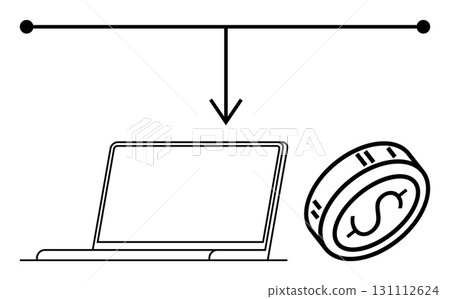 Laptop and currency coin connected by an arrow from a network node. Ideal for online banking, digital transactions, financial technology, e-commerce, blockchain, business, networking. Line metaphor 131112624