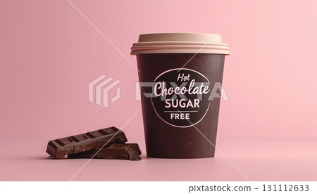 Brown paper cup hot chocolate sugar free with disposable container drink on pink background 131112633