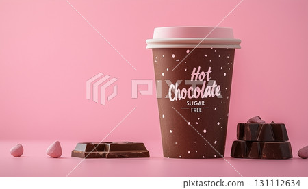 Brown paper cup hot chocolate sugar free with disposable container drink on pink background 131112634