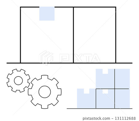 Warehouse with dividing walls, two gears, and stacked boxes in light blue. Ideal for logistics, supply chain, storage solutions, warehouse management, automation, manufacturing industrial processes Warehouse with dividing walls, two gears, and stacked boxes in light blue. Ideal for logistics, supply chain, storage solutions, warehouse management, automation, manufacturing industrial processes 131112688