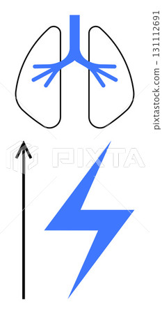 Lungs with branching airway upward arrow blue lightning bolt. Ideal for health, vitality, energy, aspiration, power, growth, life. Line metaphor 131112691