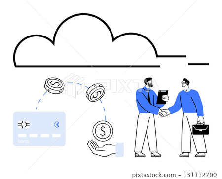 Two businessmen shaking hands, cloud technology, digital payment represented by card and coins. Ideal for business, technology, finance, partnership, digital transactions, online banking investment 131112700