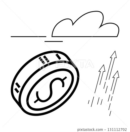 Dollar coin with dollar sign, ascending arrows, and a cloud icon. Ideal for depicting financial growth, economic trends, monetary policies, investment strategies, market predictions, savings 131112702