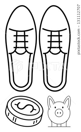 Pair of minimalist shoes, a piggy bank, and a coin with dollar sign link spending habits with saving and budgeting. Ideal for financial planning, frugality, investments, economic education, lifestyle Pair of minimalist shoes, a piggy bank, and a coin with dollar sign link spending habits with saving and budgeting. Ideal for financial planning, frugality, investments, economic education, lifestyle 131112707