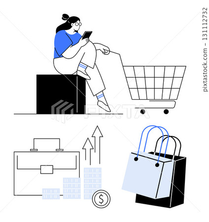 Woman with glasses using smartphone sitting by cart, briefcase, money stacks, charts, and shopping bags. Ideal for e-commerce, business growth, online shopping, financial planning consumer behavior 131112732