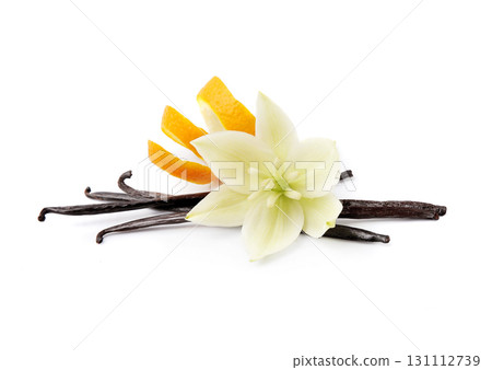 Vanilla stick with oranges zent on white backgrounds 131112739