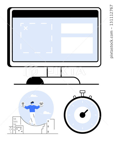 Computer screen with a software interface, person balancing on a rope over buildings, and a stopwatch. Ideal for themes time management, balance, technology, multitasking, precision, challenge Computer screen with a software interface, person balancing on a rope over buildings, and a stopwatch. Ideal for themes time management, balance, technology, multitasking, precision, challenge 131112767