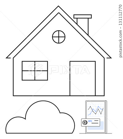 House with chimney, window, and door next to a cloud and smartphone displaying Bitcoin graph. Ideal for technology, finance, home automation, cloud computing, real estate, cryptocurrency 131112770
