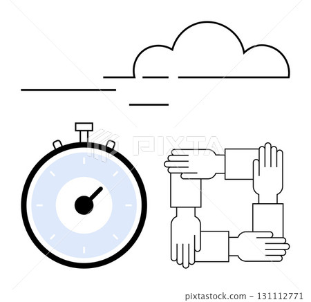 Stopwatch interconnected hands and cloud symbolize efficiency, teamwork, and progress. Ideal for themes of collaboration, time management, productivity, cooperation, connectivity, and cloud 131112771